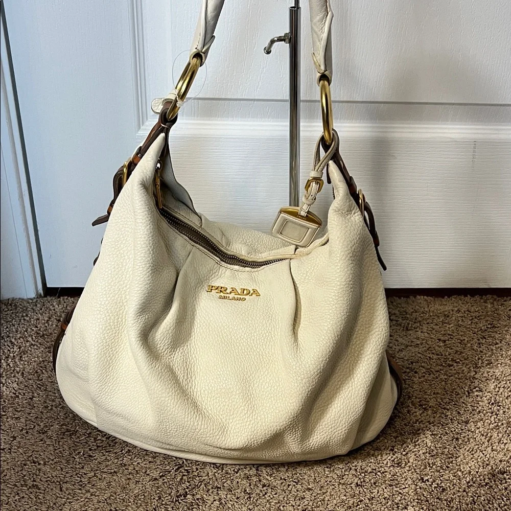 3287 Prada Ivory Leather Hobo Bag - Picture 1 of 8